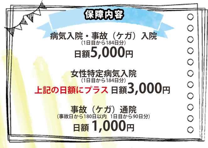 病気入院・事故（ケガ）入院
（1日目から184日分）
日額5,000円

女性特定病気入院
（1日目から184日分）
上記の日額にプラス 日額3,000円 

事故（ケガ）通院
（事故日から180日以内 1日目から90日分）
日額 1,000円円